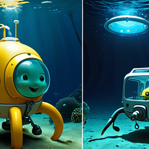 Home 11 **Prompt:** A dramatic side-by-side comparison of deep-sea exploration. On the left, a vibrant, cartoonish 'Octonauts' GUP-A in a brightly lit, friendly ocean with simplified sea creatures. On the right, a realistic, rugged deep-sea submersible or ROV operating in the pitch-black, high-pressure abyss. Faint, powerful lights from the real vessel reveal an extreme, alien-like environment and show signs of advanced engineering enduring immense pressure. The contrast emphasizes the stark difference between fiction and reality, highlighting the dangers and scientific purpose of true ocean exploration.
