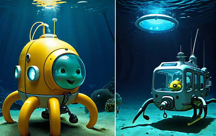 **Prompt:** A dramatic side-by-side comparison of deep-sea exploration. On the left, a vibrant, cartoonish 'Octonauts' GUP-A in a brightly lit, friendly ocean with simplified sea creatures. On the right, a realistic, rugged deep-sea submersible or ROV operating in the pitch-black, high-pressure abyss. Faint, powerful lights from the real vessel reveal an extreme, alien-like environment and show signs of advanced engineering enduring immense pressure. The contrast emphasizes the stark difference between fiction and reality, highlighting the dangers and scientific purpose of true ocean exploration.