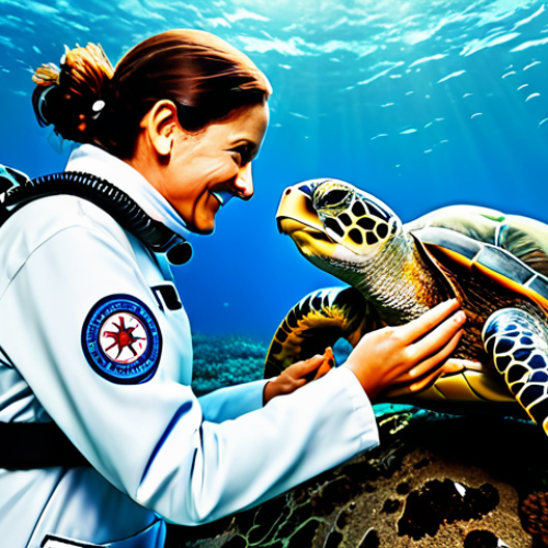 Home 6 A compassionate, fully clothed, anthropomorphic ocean rescuer character with a kind expression, gently assisting a sea turtle. The rescuer wears a professional, modest deep-sea exploration suit. The scene is an underwater environment near a vibrant coral reef, with a minimal, non-graphic piece of plastic netting subtly entangled on the turtle's fin, being carefully removed by the rescuer. The water is clear and blue. Professional photography, high detail, studio lighting, cinematic, vibrant colors, clear focus. safe for work, appropriate content, fully clothed, modest clothing, family-friendly, perfect anatomy, correct proportions, natural pose, well-formed hands, proper finger count, natural body proportions.