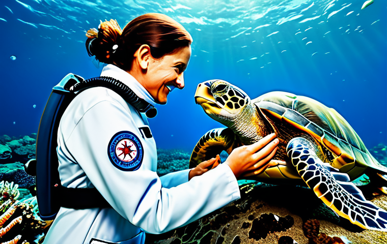 A compassionate, fully clothed, anthropomorphic ocean rescuer character with a kind expression, gently assisting a sea turtle. The rescuer wears a professional, modest deep-sea exploration suit. The scene is an underwater environment near a vibrant coral reef, with a minimal, non-graphic piece of plastic netting subtly entangled on the turtle's fin, being carefully removed by the rescuer. The water is clear and blue. Professional photography, high detail, studio lighting, cinematic, vibrant colors, clear focus. safe for work, appropriate content, fully clothed, modest clothing, family-friendly, perfect anatomy, correct proportions, natural pose, well-formed hands, proper finger count, natural body proportions.