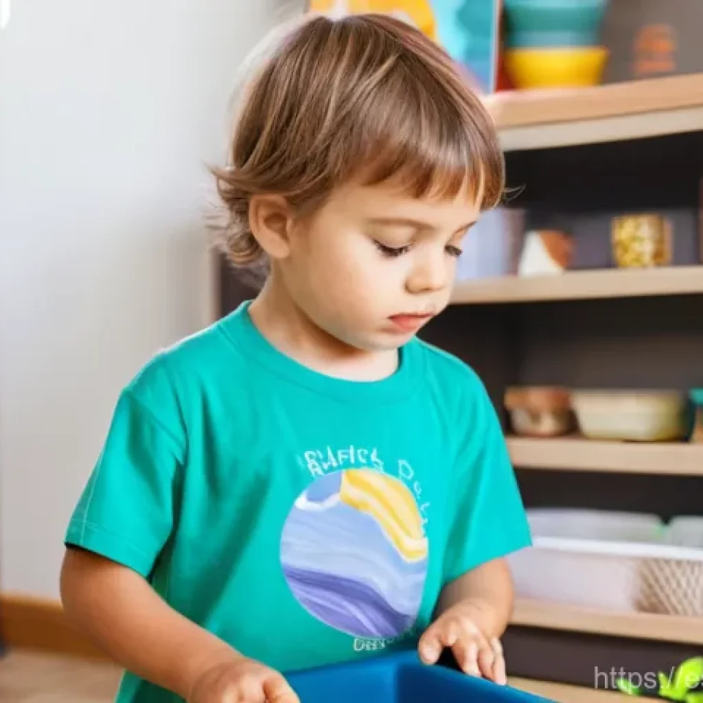 옥토넛 퀘이지의 호기심과 배움 - A young child, around 5 years old, with bright, curious eyes, is intently exploring a sensory bin fi...