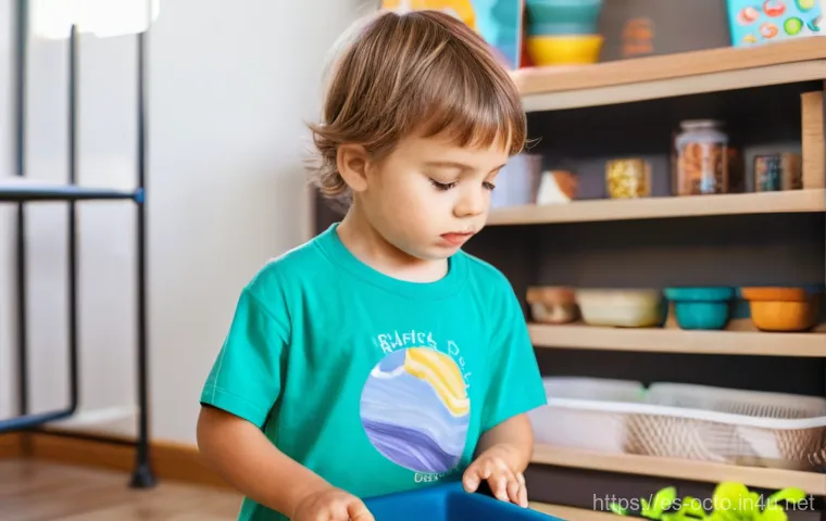 옥토넛 퀘이지의 호기심과 배움 - A young child, around 5 years old, with bright, curious eyes, is intently exploring a sensory bin fi...