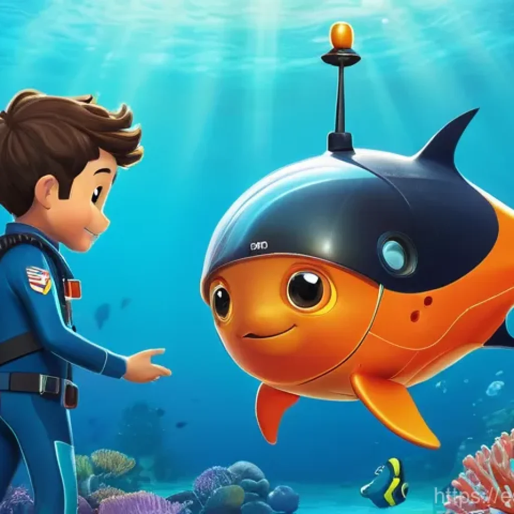 옥토넛 대원들 간의 팀워크 사례 - **Prompt:** A vibrant underwater scene depicting Captain Barnacles, Kwazii, and Shellington collabor...