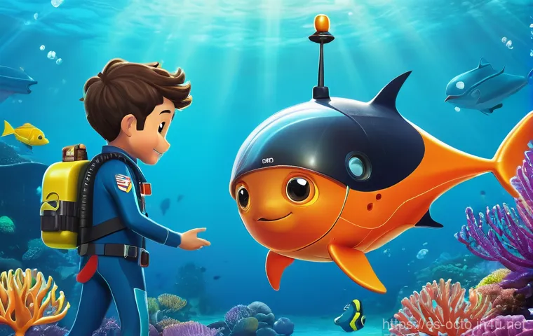 옥토넛 대원들 간의 팀워크 사례 - **Prompt:** A vibrant underwater scene depicting Captain Barnacles, Kwazii, and Shellington collabor...