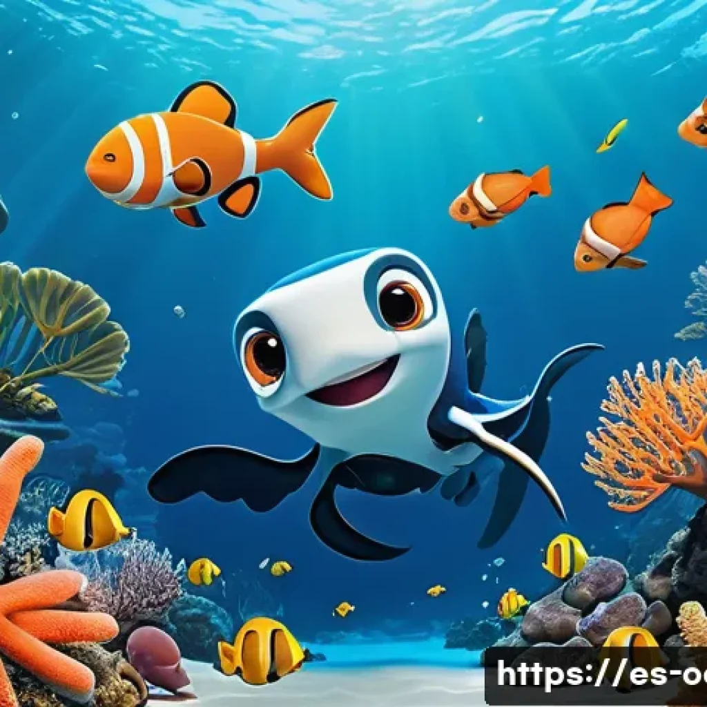 옥토넛 해양생물 교육적 요소 - A vibrant underwater scene featuring the Octonauts crew exploring a coral reef teeming with diverse ...