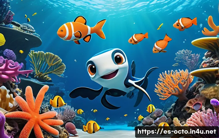 옥토넛 해양생물 교육적 요소 - A vibrant underwater scene featuring the Octonauts crew exploring a coral reef teeming with diverse ...