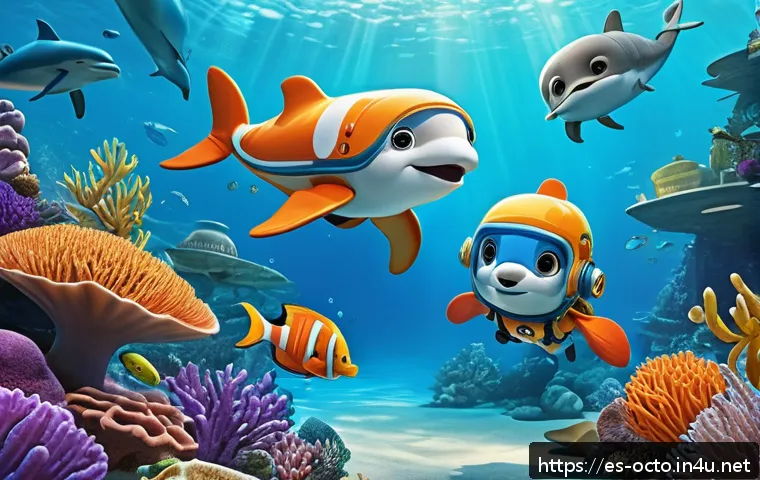 옥토넛 책 시리즈 소개 - A vibrant underwater scene featuring the Octonauts crew—Captain Barnacles, Peso, Kwazii, and other c...