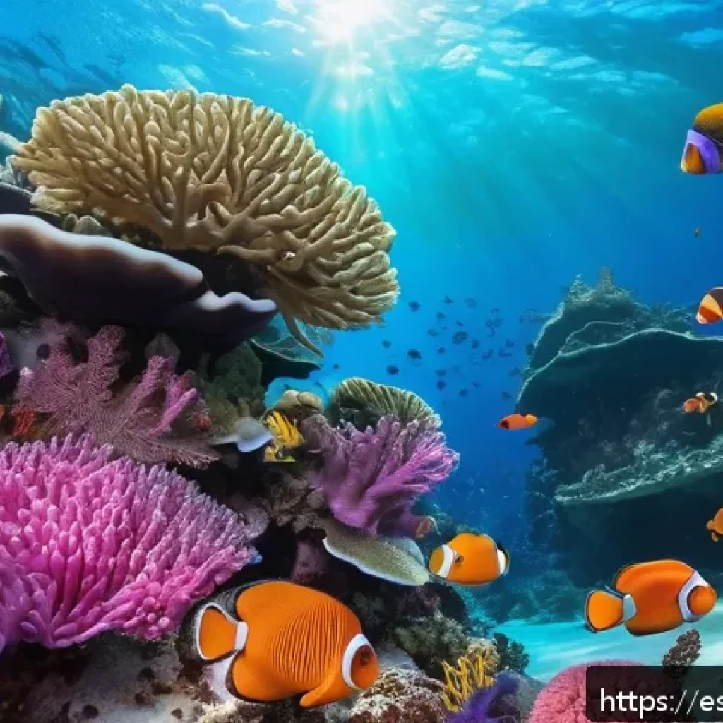옥토넛 주요 탐험 지역의 실제 모습 - A vibrant underwater coral reef scene teeming with diverse marine life, including colorful clownfish...