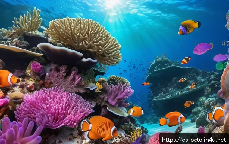 옥토넛 주요 탐험 지역의 실제 모습 - A vibrant underwater coral reef scene teeming with diverse marine life, including colorful clownfish...