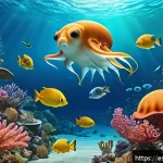 옥토넛 애니메이션 제작자의 비전 - A vibrant underwater scene featuring a diverse group of animated marine creatures such as a Dumbo oc...
