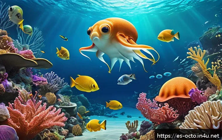 옥토넛 애니메이션 제작자의 비전 - A vibrant underwater scene featuring a diverse group of animated marine creatures such as a Dumbo oc...