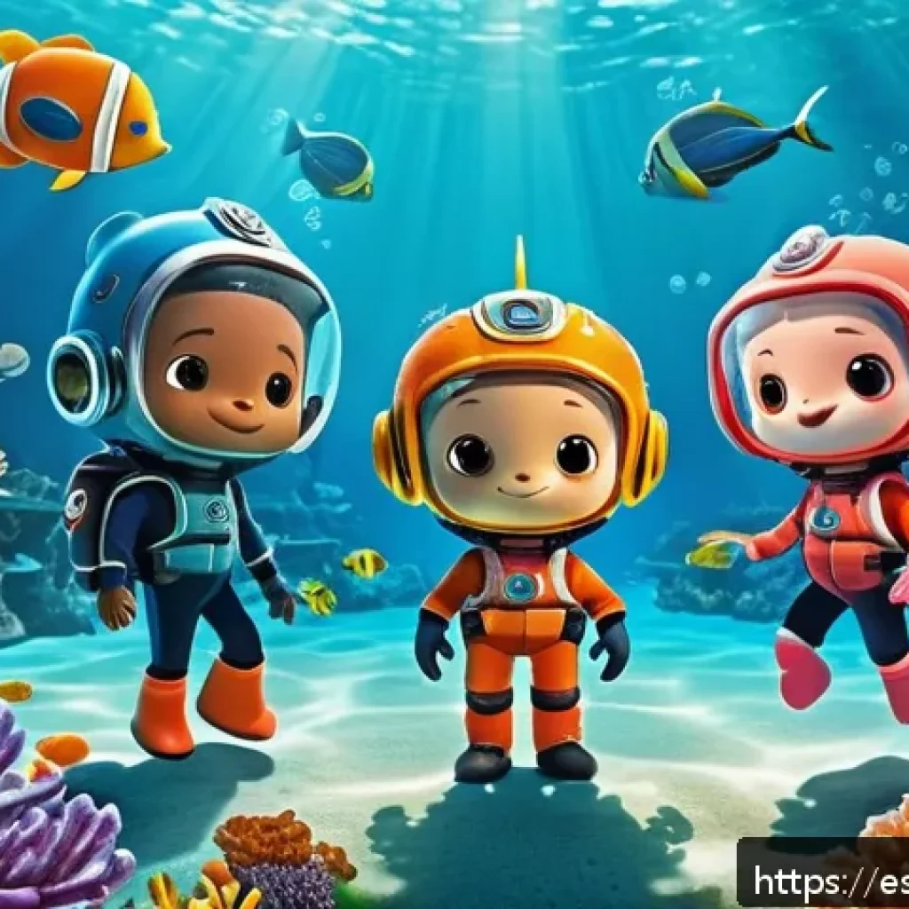옥토넛 인기 에피소드 재해석 - A vibrant underwater scene featuring the Octonauts team&mdash;Captain Barnacles, Dashi, and Kwazii&mdash;wearing...