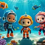 옥토넛 인기 에피소드 재해석 - A vibrant underwater scene featuring the Octonauts team&mdash;Captain Barnacles, Dashi, and Kwazii&mdash;wearing...