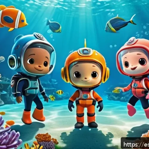 옥토넛 인기 에피소드 재해석 - A vibrant underwater scene featuring the Octonauts team&mdash;Captain Barnacles, Dashi, and Kwazii&mdash;wearing...