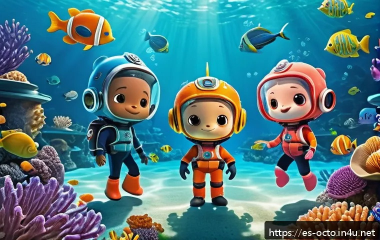 옥토넛 인기 에피소드 재해석 - A vibrant underwater scene featuring the Octonauts team&mdash;Captain Barnacles, Dashi, and Kwazii&mdash;wearing...
