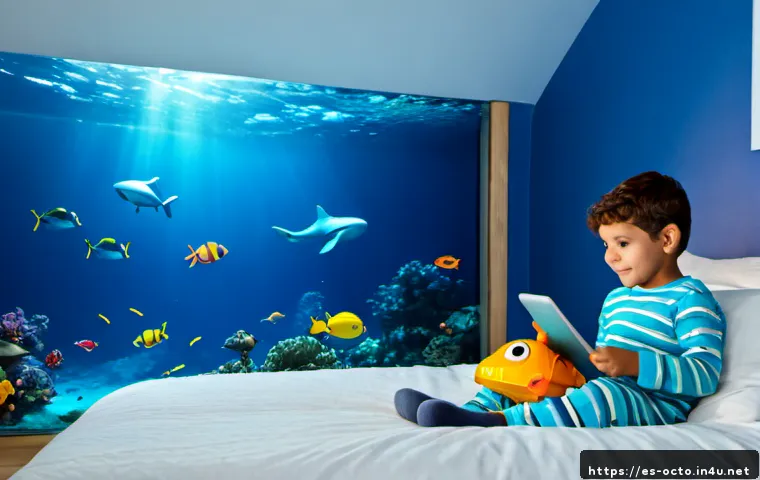 Home 17 옥토넛 팬픽션 인기 스토리 - Photorealistic children’s bedroom in a Spanish-speaking coastal home, an excited child wearing pajam...