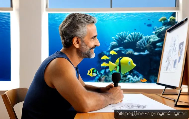 옥토넛 대본 작가 인터뷰 - Photorealistic editorial interview scene in a bright Spanish animation studio, friendly middle-aged ...