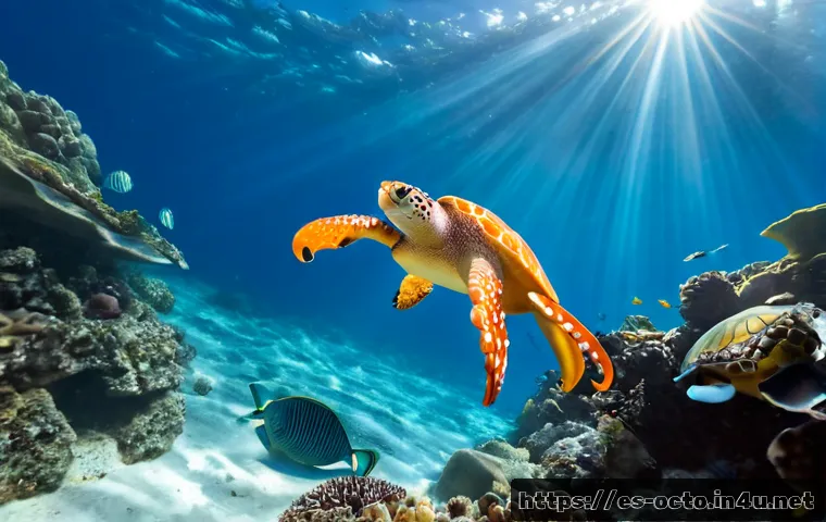 Home 17 옥토넛 등장 동물들과 관련된 다큐멘터리 - Photorealistic underwater wildlife documentary scene off the Canary Islands, a curious orange octopu...