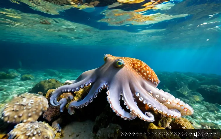 옥토넛 등장 동물의 생태 정보 - Photorealistic underwater scene of a common octopus exploring a rocky Mediterranean tide pool near t...